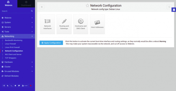 configuración de la red webmin