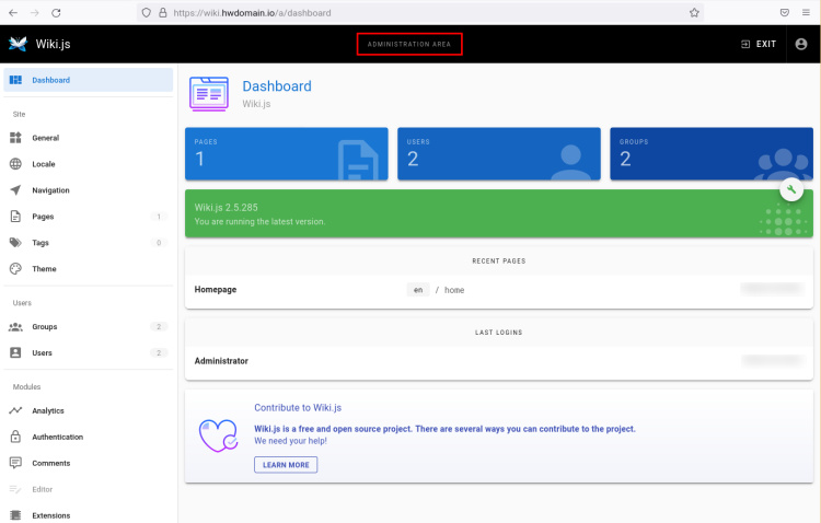 wiki.js panel de administración