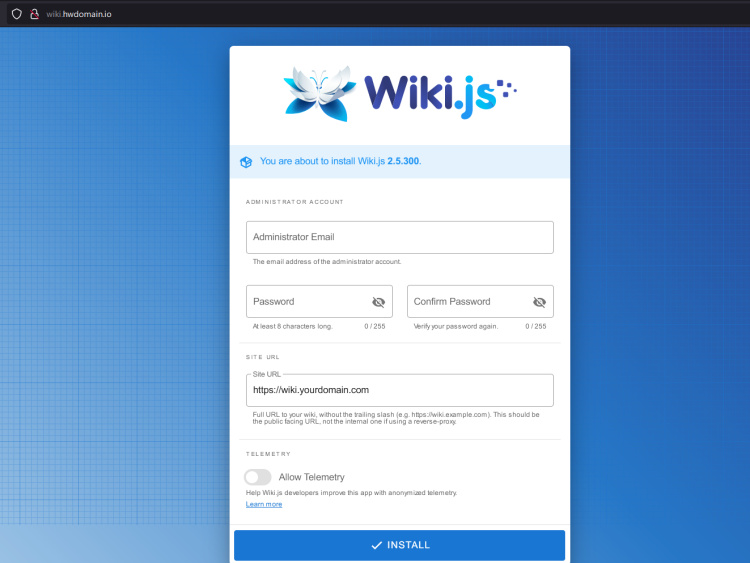 Página de instalación de wiki.js