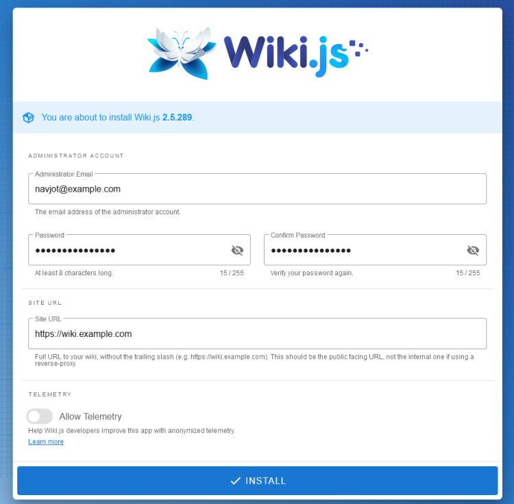 Página de configuración de Wiki.js