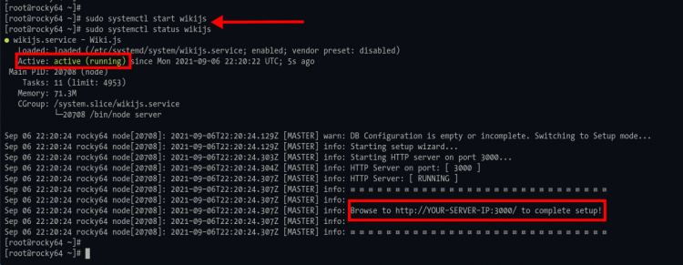 Iniciar y comprobar el estado del servicio Wiki.js