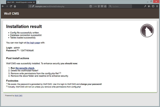 Wolf CMS instalado con éxito