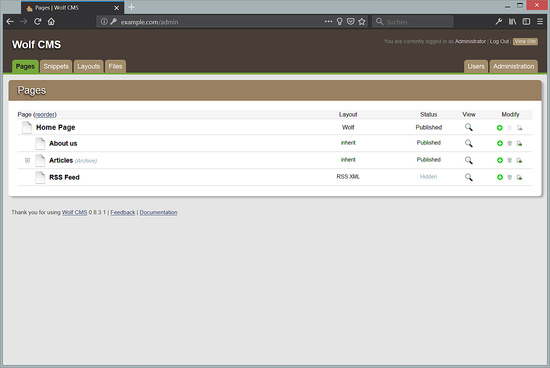 Panel de control del CMS Wolf