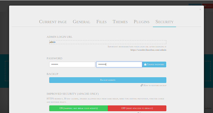 Panel de control de WonderCMS