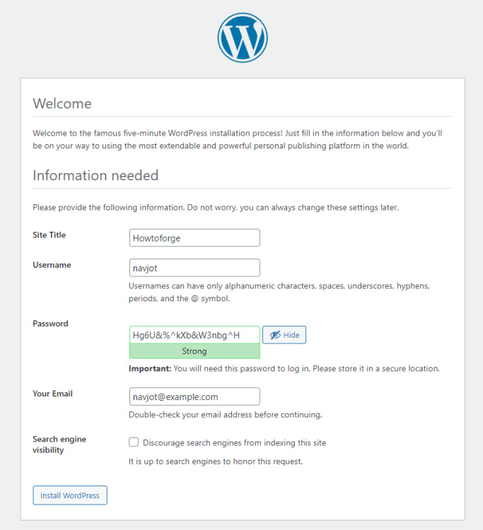 Detalles del sitio del instalador de WordPress