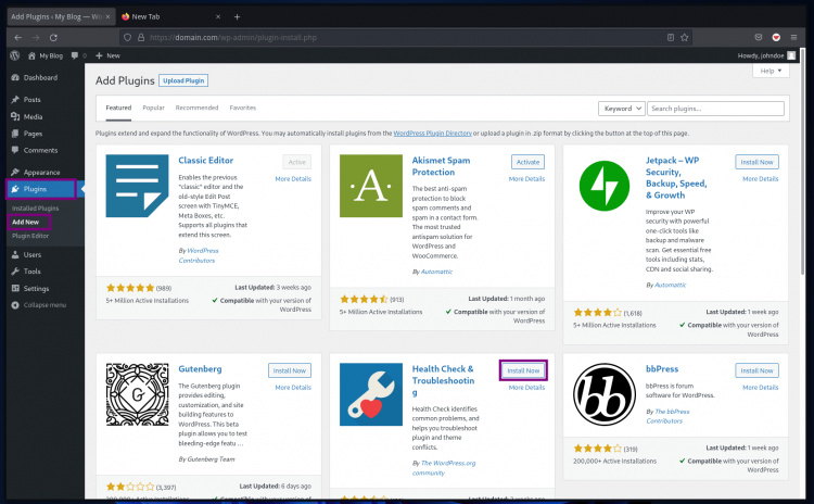 Prueba de instalación de plugins de WordPress