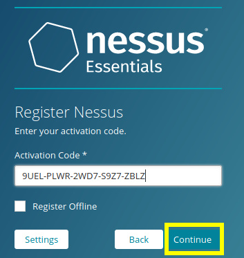 Registro con el código de activación de Nessus