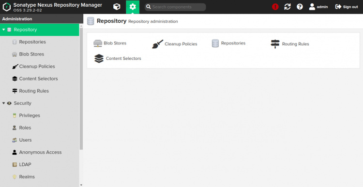Panel de control del Gestor de Repositorios Nexus
