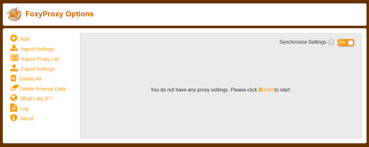 Página de inicio de la extensión FoxyProxy