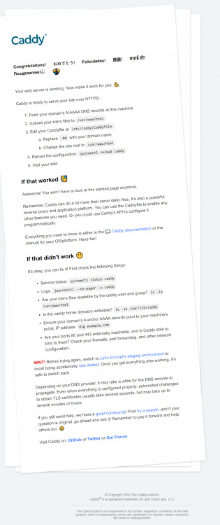 Página de bienvenida a Caddy