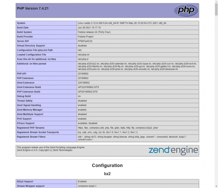 Página de prueba PHP de Caddy