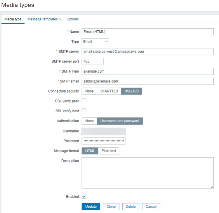 Zabbix Email Tipo de medio Configurar