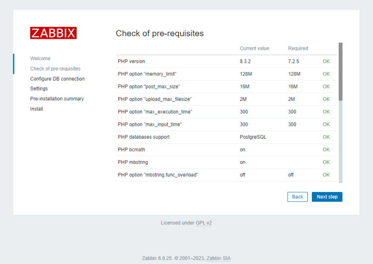 Comprobación de los requisitos del sistema Zabbix