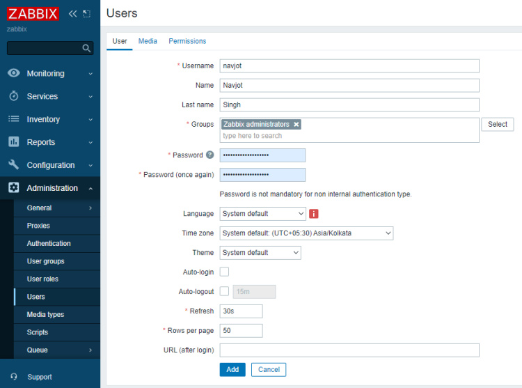 Página de nuevo usuario de Zabbix