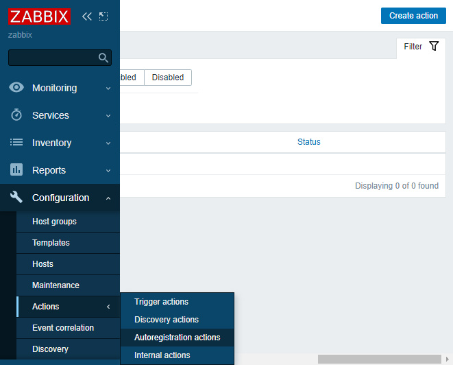 Página de autoregistros de Zabbix