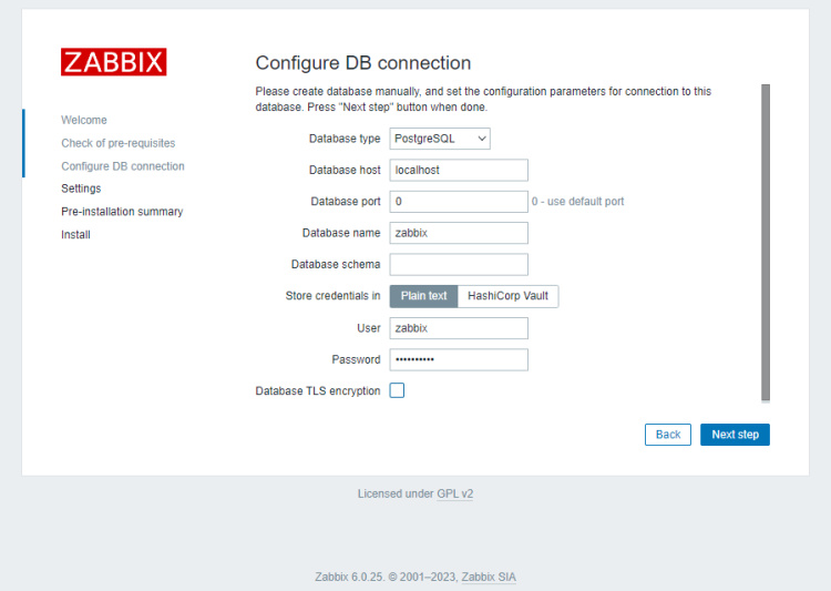 Detalles de la base de datos Zabbix