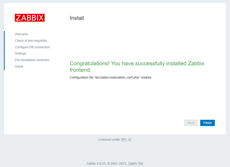 Instalación de Zabbix completada