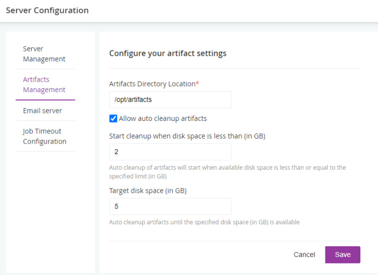 Gestión de GoCD Artifcats