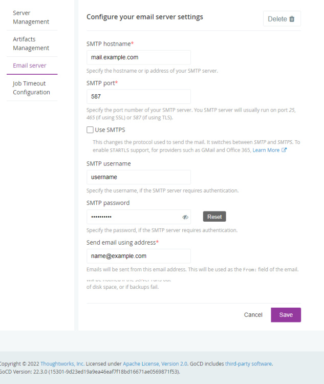 Opciones del servidor de correo electrónico GoCD