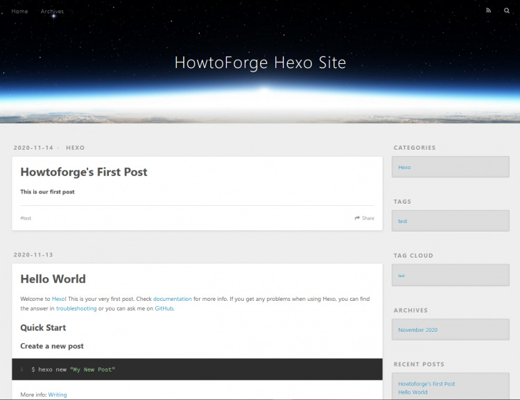 Página de inicio del blog de Hexo