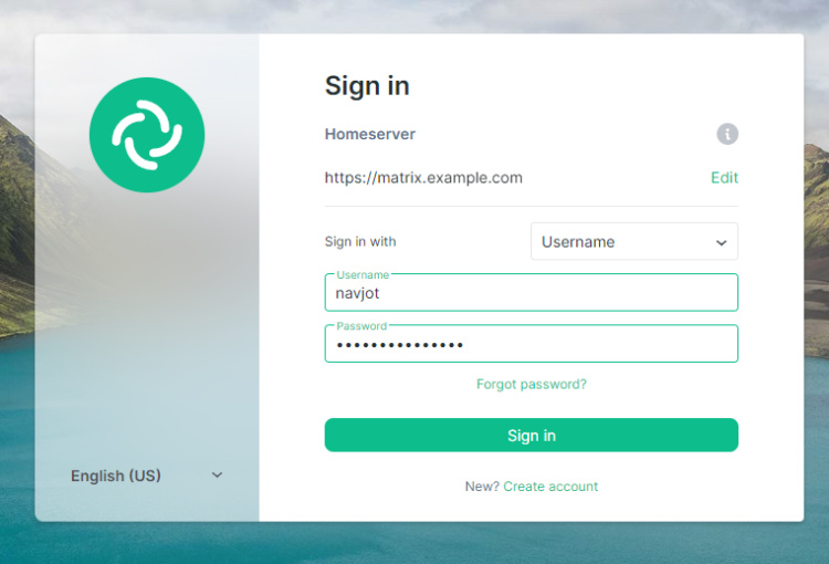 Inicio de sesión en el servidor doméstico personalizado Element