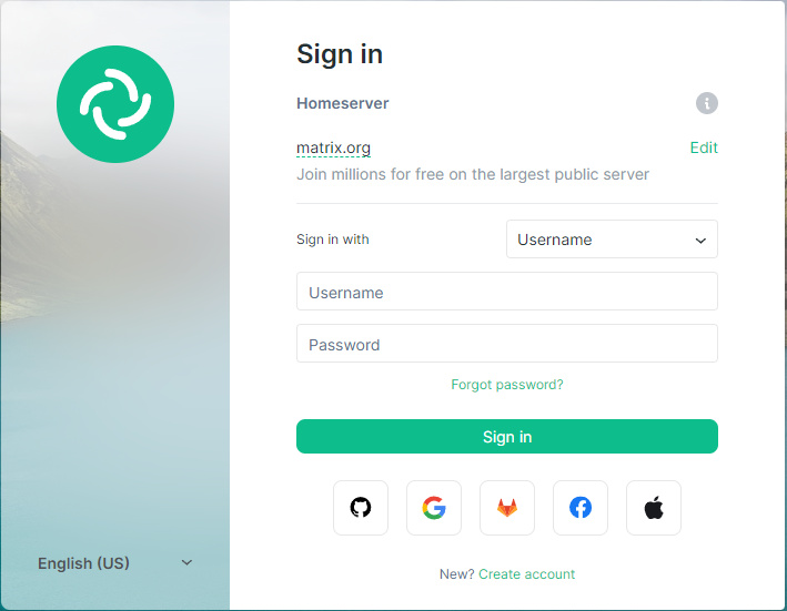 Página de inicio de sesión de Element Web