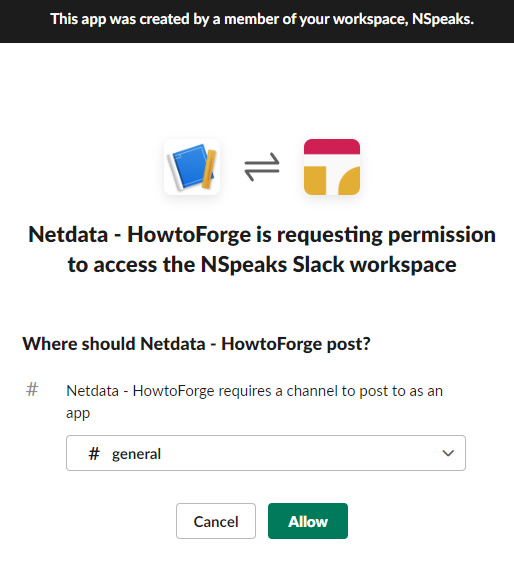 Añadir la aplicación Slack de Netdata a WorkSpace