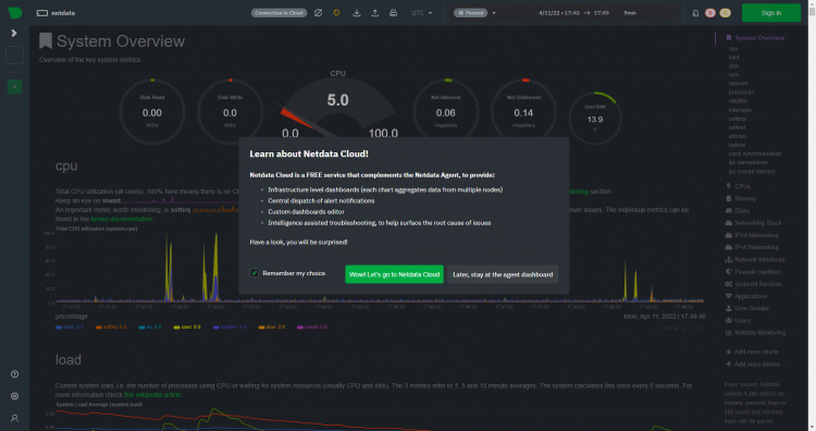 Panel de control de Netdata por primera vez