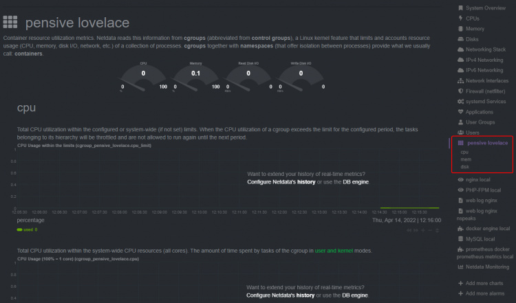 Estadísticas del contenedor individual Docker de NetData