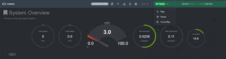 Botón de reproducción/pausa de Netdata