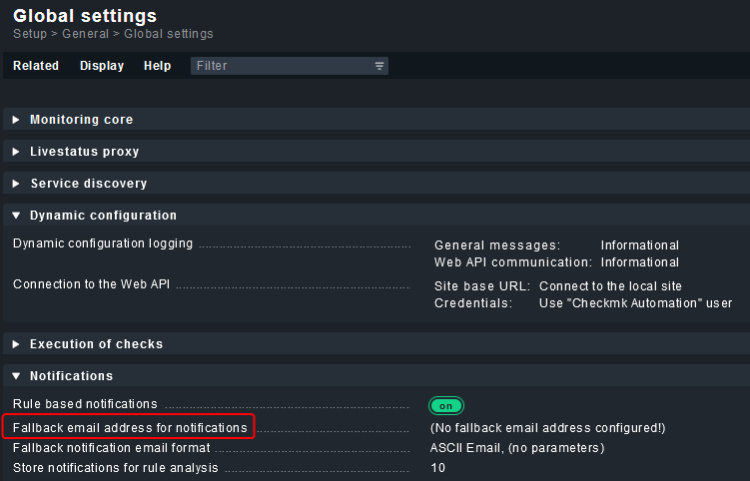 Configuración global de Checkmk Id. de correo electrónico de reserva