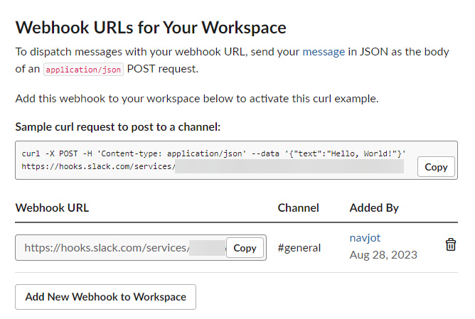 URL del Webhook de Slack