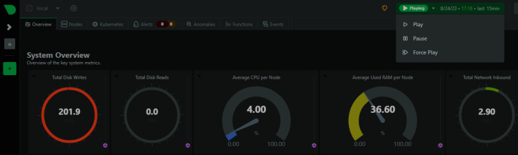 Botón Reproducir/Pausa de Netdata