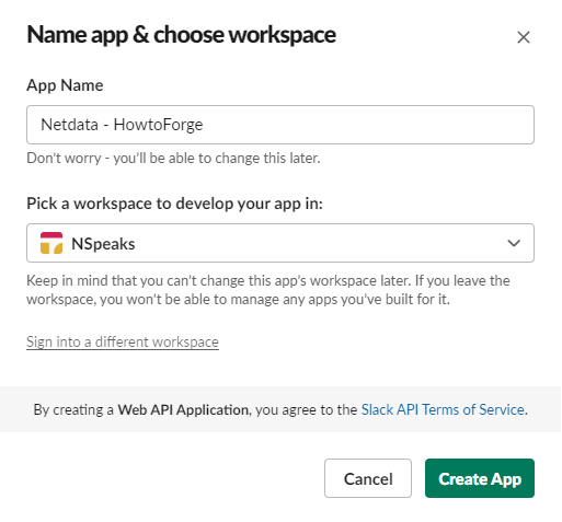 Ventana emergente del nombre de la aplicación Slack