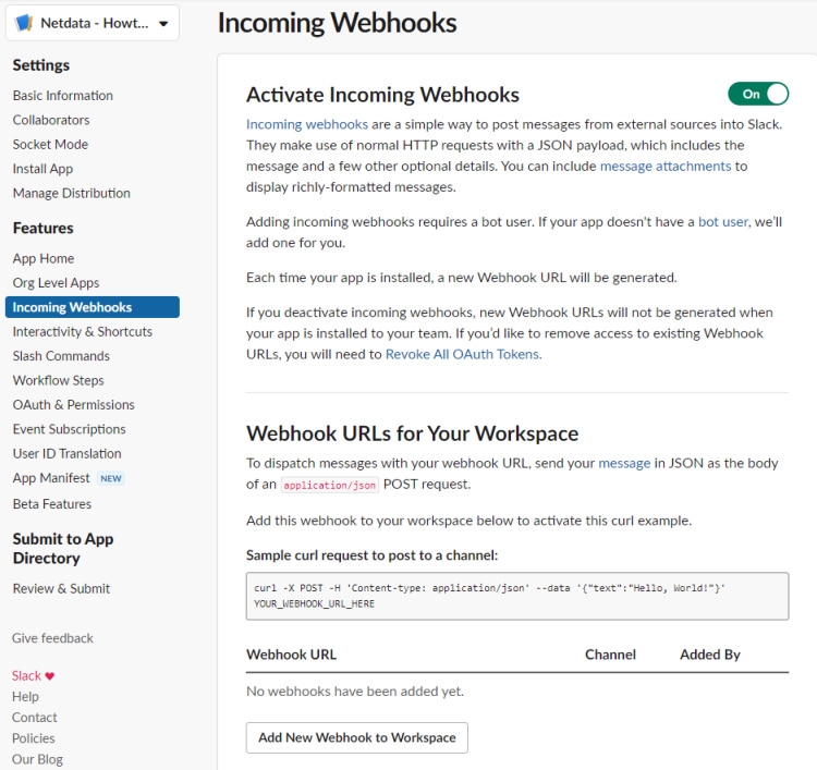 WebHooks entrantes de Slack Apps