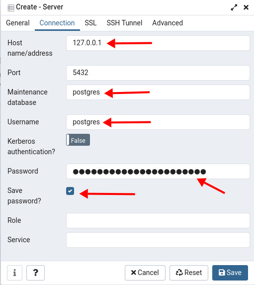 Configurar los datos de conexión del servidor PostgreSQL