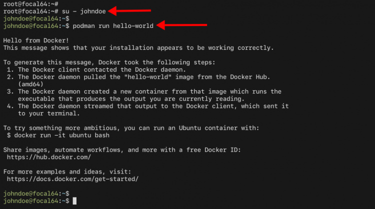 Podman ejecuta el contenedor hello-world