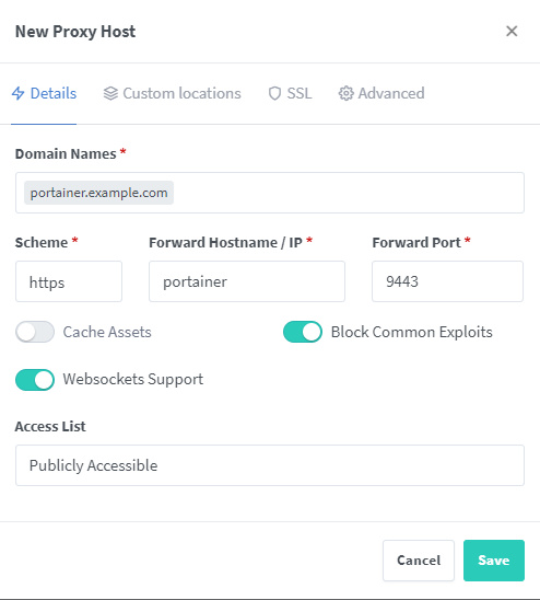 Añadir Portainer como Host Proxy