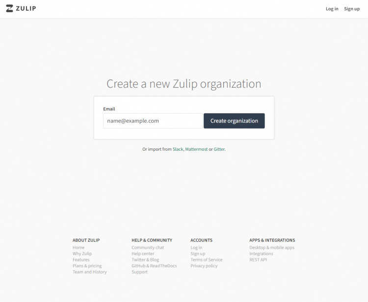 Página de la nueva organización de Zulip
