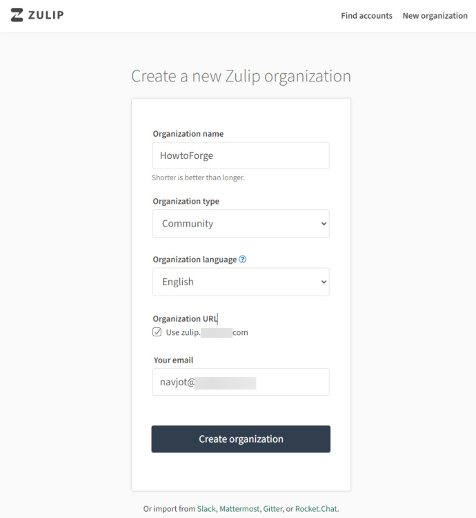 Zulip Nueva Página de Organización