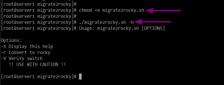 Hacer ejecutable el script de migración de Rocky Linux y la ayuda del script