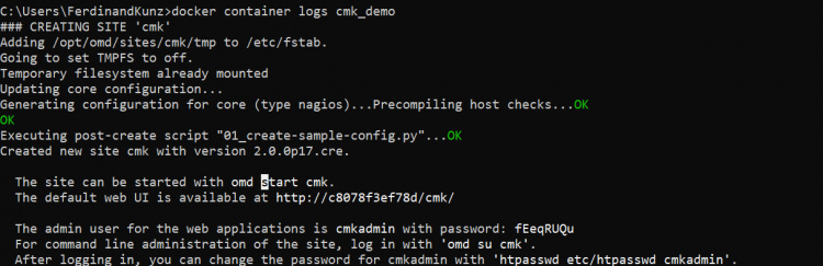 cmd mostrando los logs de docker