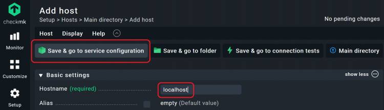 Captura de pantalla de Checkmk añadiendo el localhost