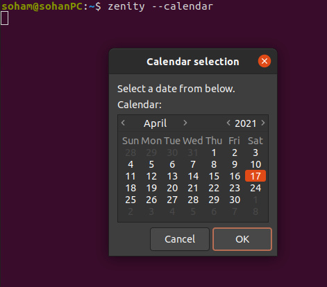 Entrada del calendario desde el script bash