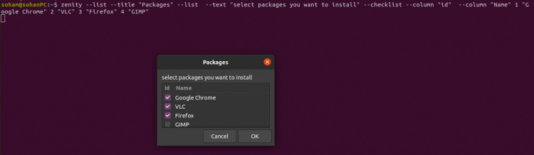 Opciones de casillas de verificación con bash