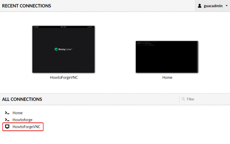 Lista de conexiones VNC de Guacamole