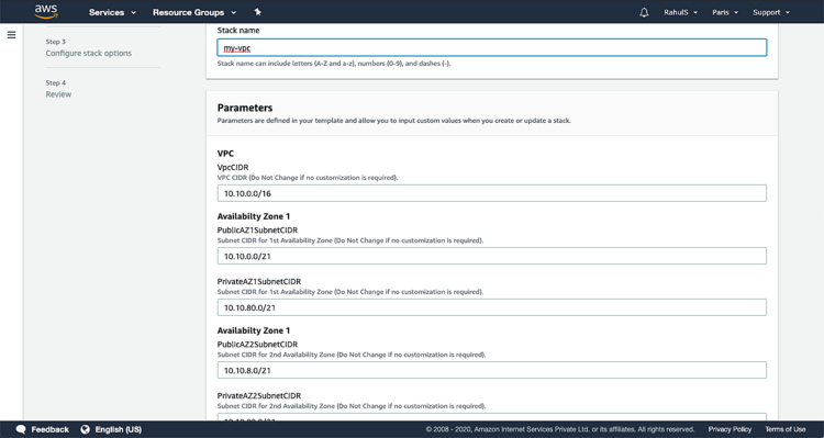 Nombre de la pila y parámetros