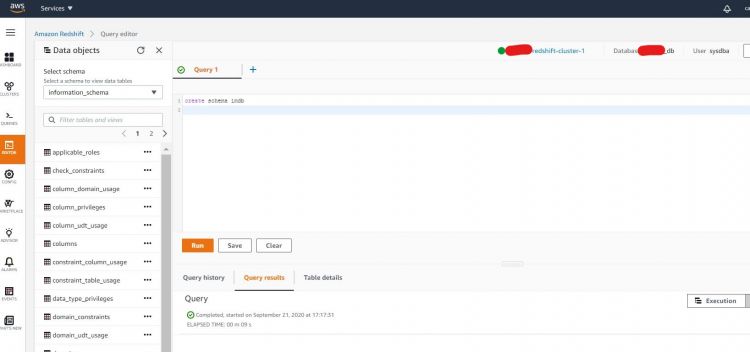 Crear un esquema de base de datos Redshift
