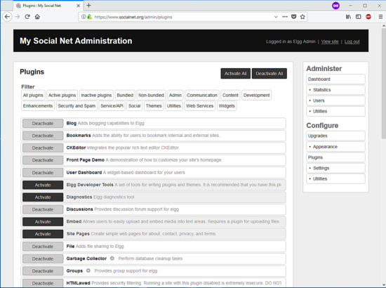 Panel de administración de Elgg