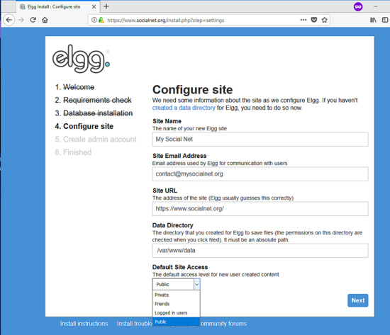 Configurar el sitio en Elgg